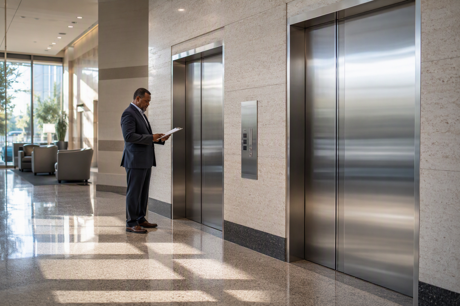 Commercial elevator lobby in a Columbia SC office building with stainless-steel doors and a facilities manager reviewing a maintenance clipboard