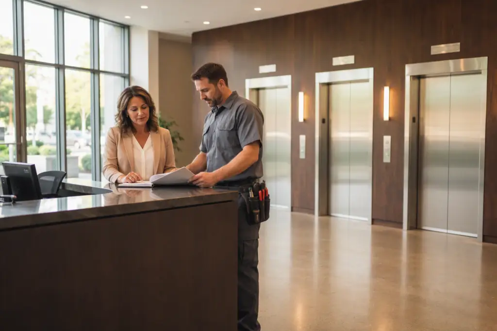 Building manager and elevator technician reviewing a service agreement in a Columbia SC commercial office lobby with stainless steel elevator doors visible in the background.