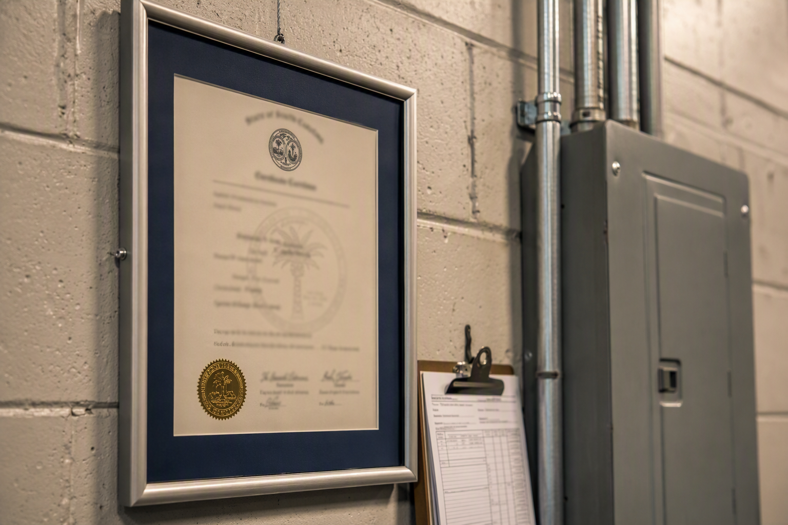 South Carolina elevator contractor license certificate and inspection documentation mounted in a commercial elevator machine room, demonstrating required SC LLR compliance credentials.