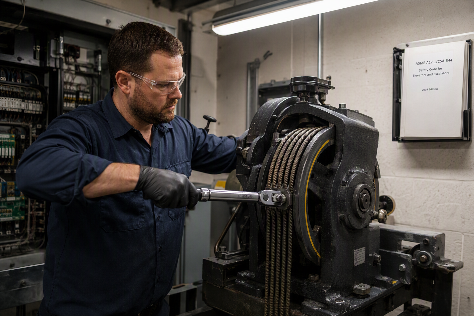 Elevator mechanic performing ASME A17.1 compliant maintenance on a traction elevator machine in a Columbia SC commercial building machine room.