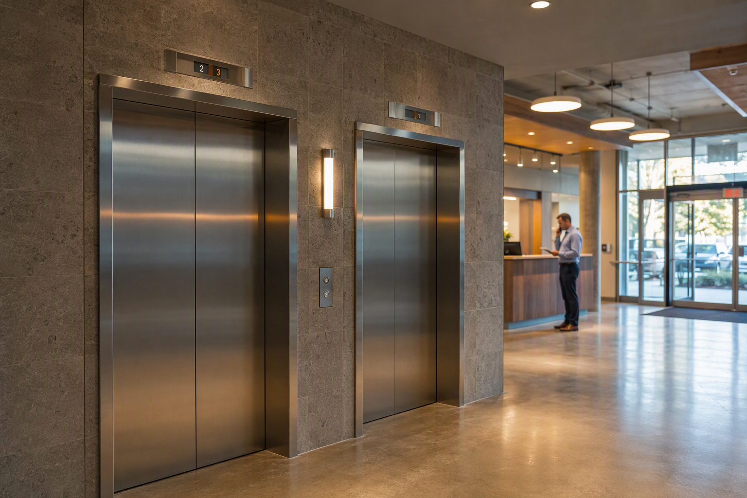 Commercial office building lobby in Columbia SC with stainless elevator doors and floor indicator frozen mid-floor, illustrating an elevator stuck between floors scenario