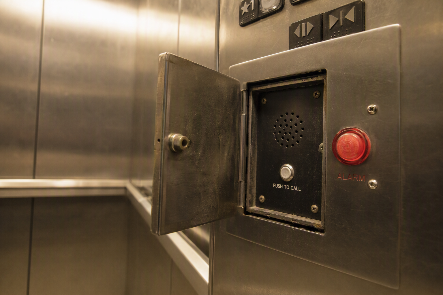 Inside elevator cab showing open emergency phone panel and red alarm button, the first tools passengers should use when an elevator is stuck between floors
