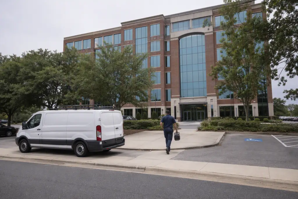 Emergency elevator repair technician arriving at a Columbia SC commercial office building, walking from service van toward building entrance with tool bag