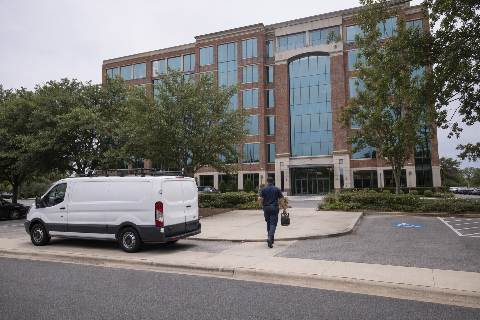 Emergency elevator repair technician arriving at a Columbia SC commercial office building, walking from service van toward building entrance with tool bag