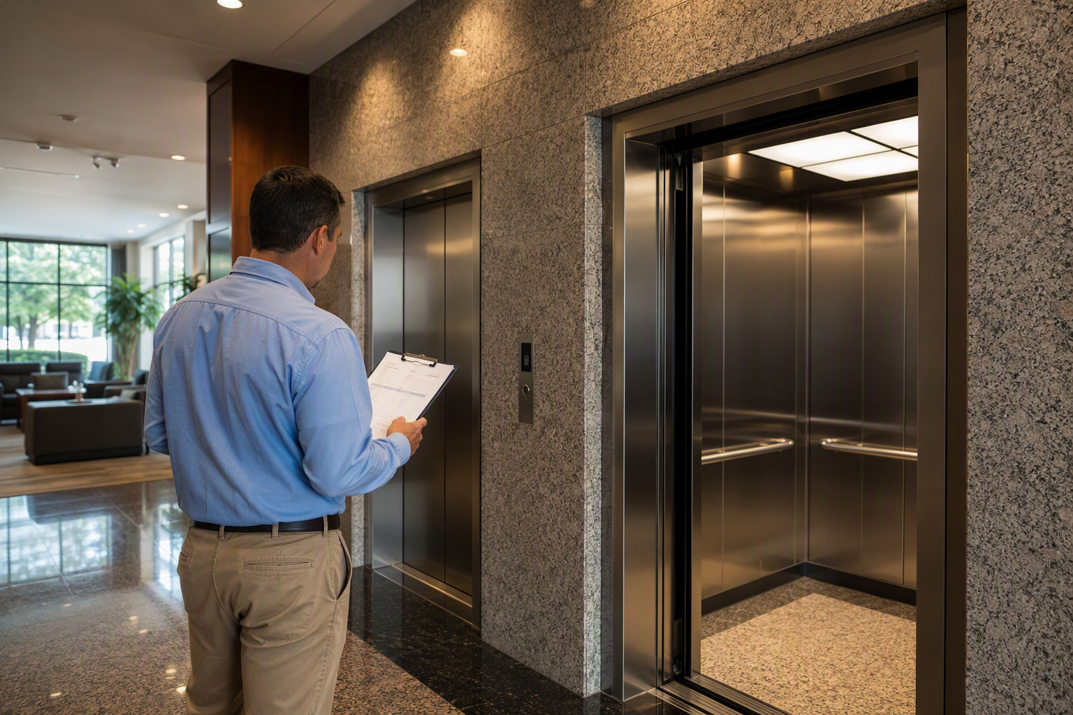 Choosing the Right Elevator Service Contract Building facility manager reviewing a full maintenance vs oil and grease elevator service contract in a Columbia SC commercial office building lobby