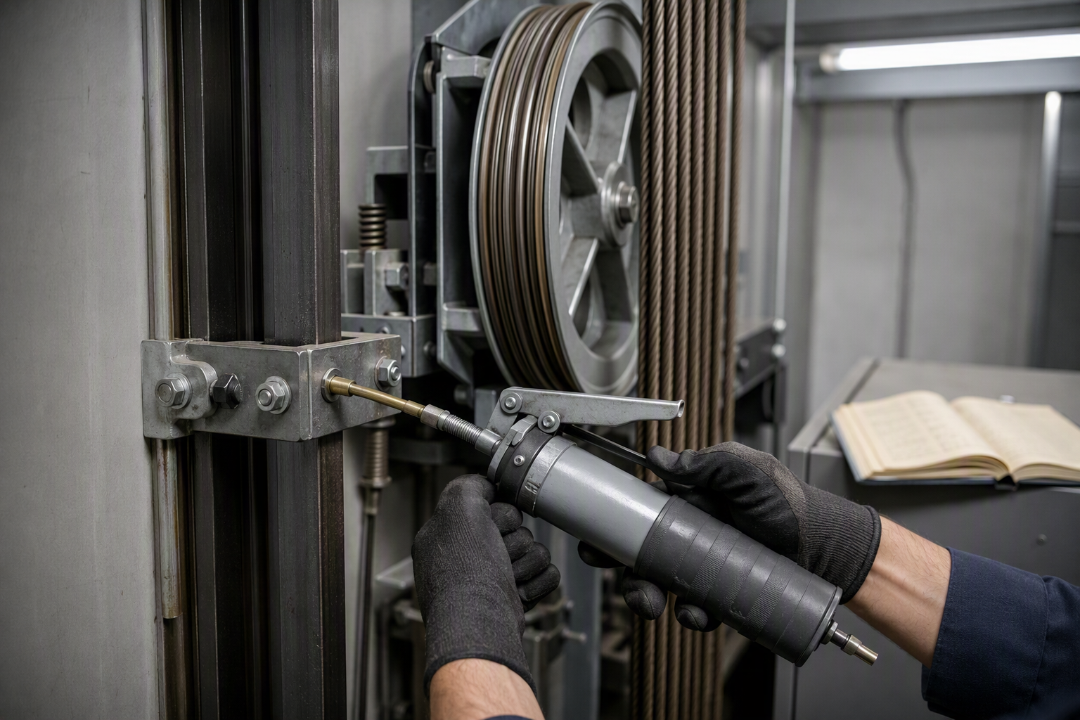 Full Maintenance Contract: Hands-On Preventive Care Elevator technician lubricating guide rail components inside a machine room during a full maintenance contract service visit