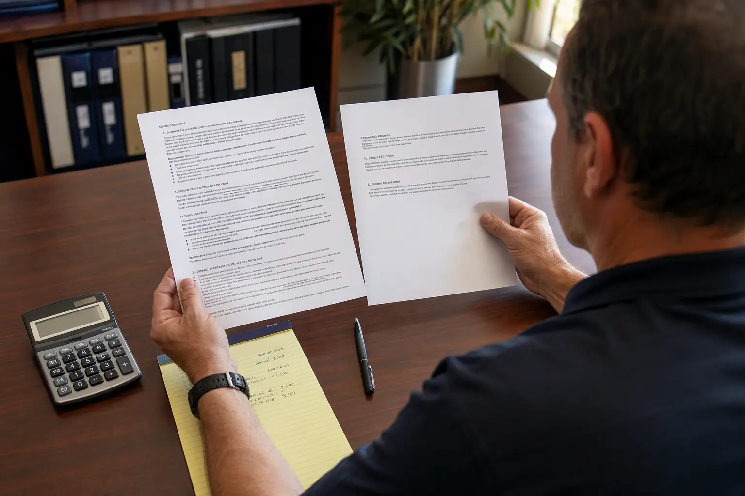 Comparing Elevator Service Agreement Costs and Coverage Building manager comparing full maintenance versus oil and grease elevator contract documents side by side at a property management office desk