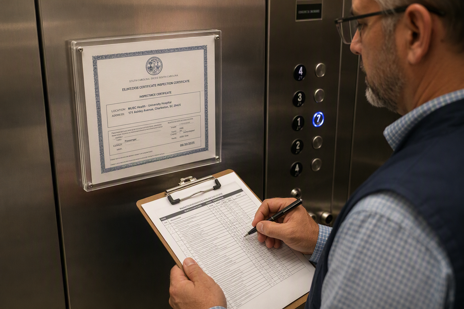 Facility inspector reviewing ASME A17.1 compliance documentation and state inspection certificate inside a hospital elevator cab in South Carolina.