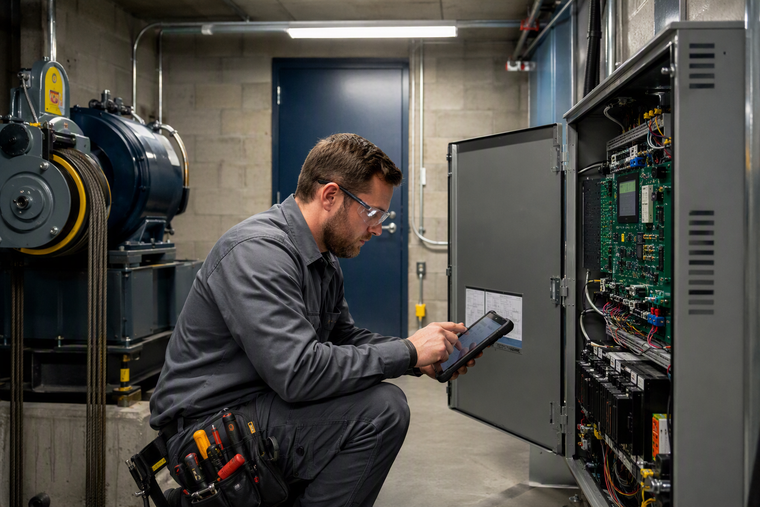 Elevator mechanic using diagnostic tablet in hospital elevator machine room to perform preventive maintenance inspection required for healthcare facility compliance.