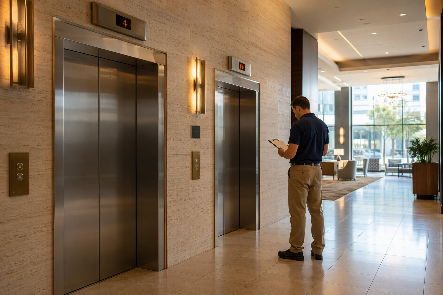 Hotel elevator lobby in Columbia SC showing stainless steel cab doors and a facilities technician reviewing a maintenance checklist as part of a hotel elevator maintenance program.