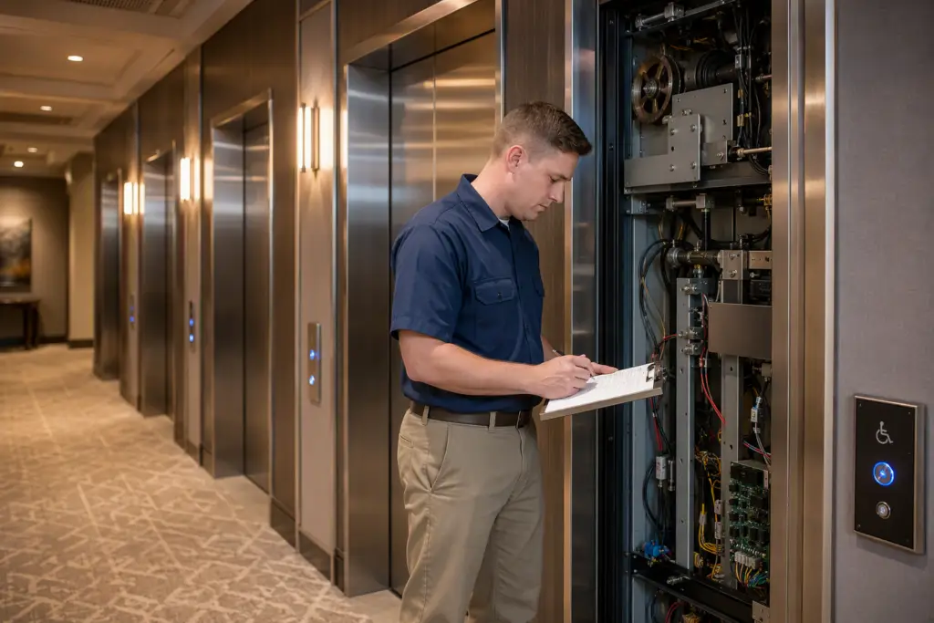 Elevator maintenance technician reviewing inspection checklist beside open door operator panel in a Columbia SC mid-rise hotel lobby corridor