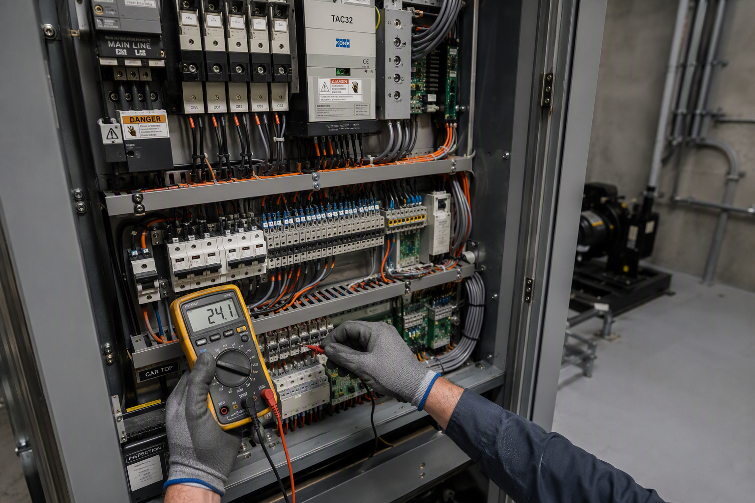 Elevator technician testing controller terminals with a multimeter inside a commercial machine room as part of a structured hotel elevator preventive maintenance program