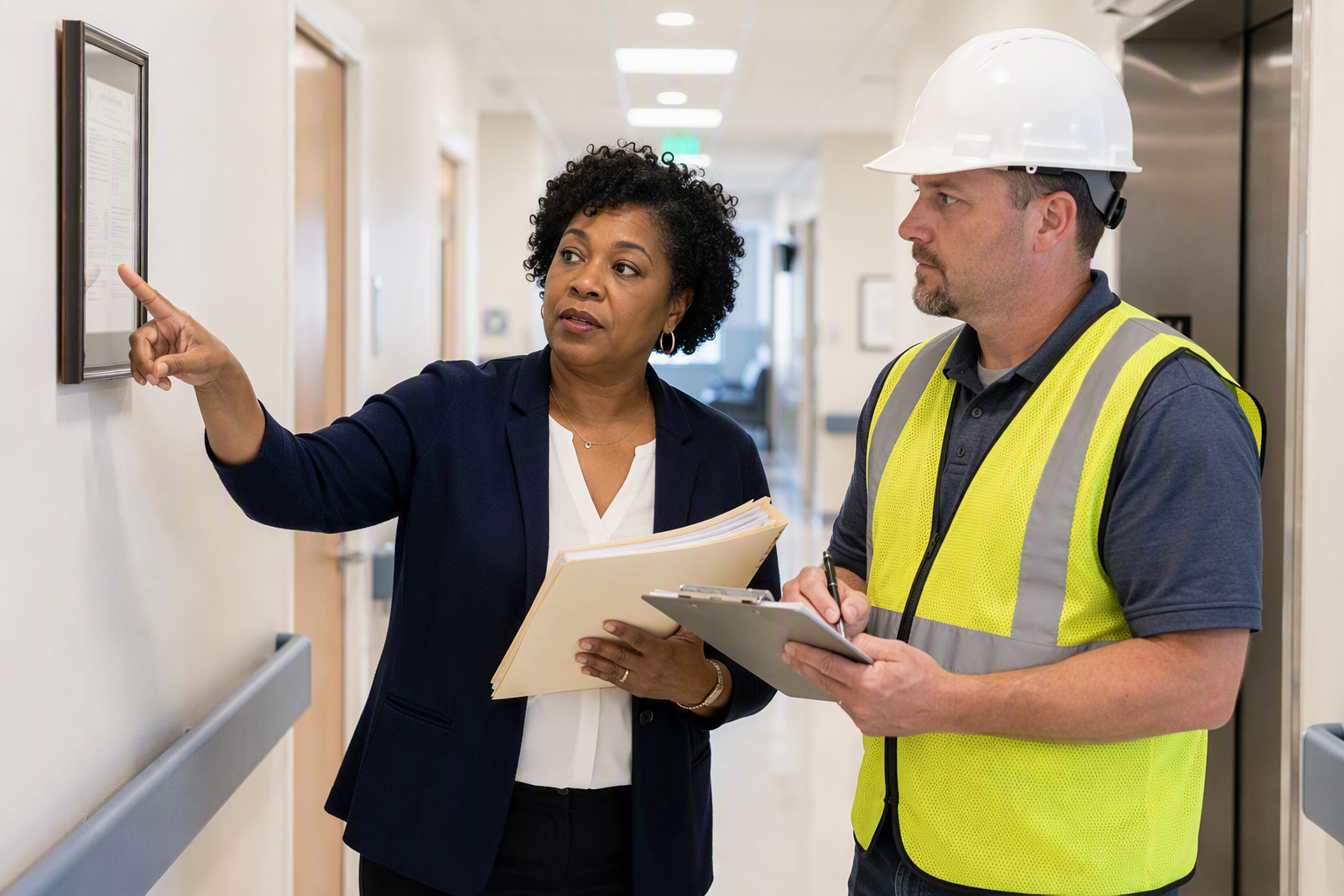 Facility manager and elevator inspector reviewing compliance documentation and South Carolina operating permit in a Columbia SC healthcare facility corridor