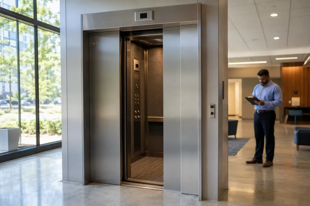Commercial elevator with open stainless steel doors in a Columbia SC office building lobby, representing elevator maintenance cost considerations for local property owners.