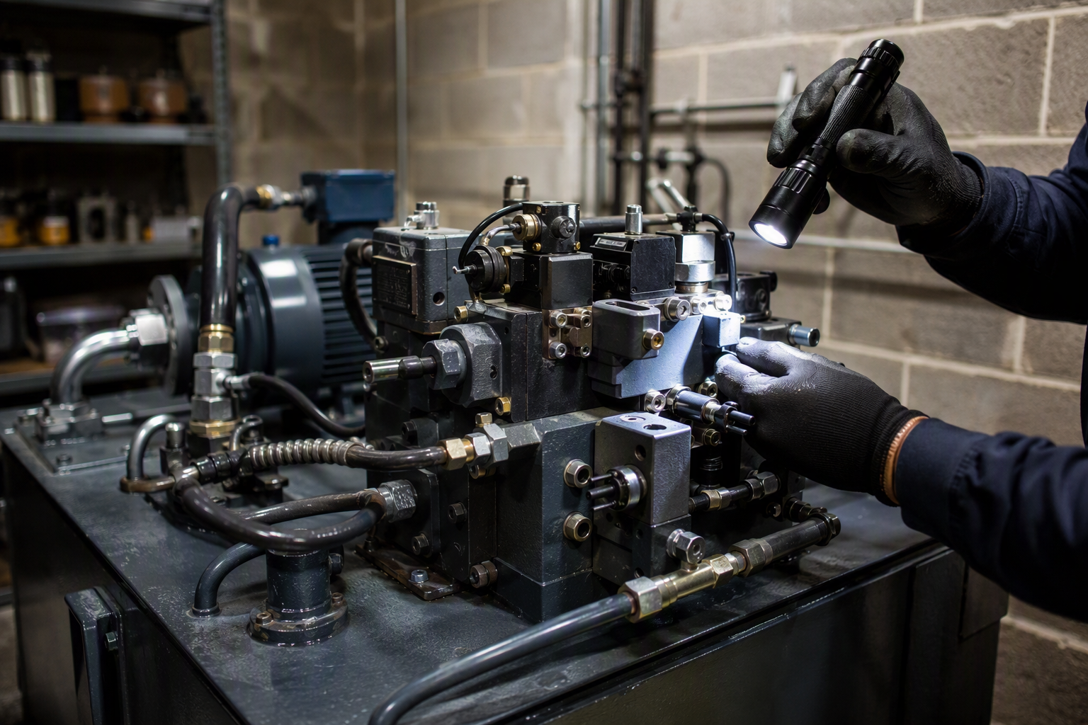 Elevator technician inspecting hydraulic pump and valve assembly in a Columbia SC machine room, a key cost factor in hydraulic elevator maintenance contracts.