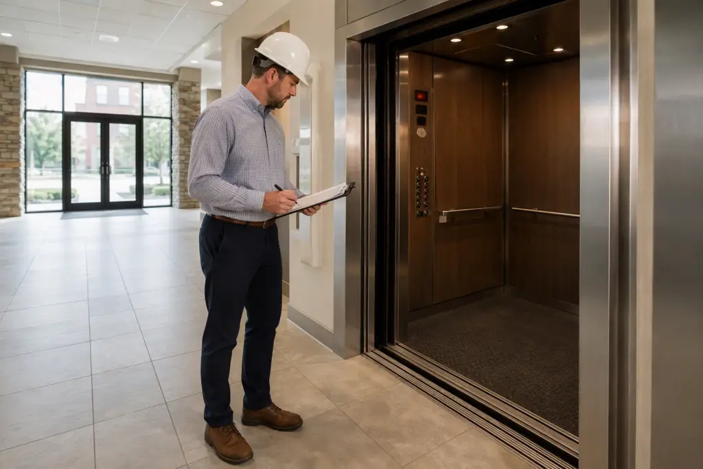 Licensed elevator inspector reviewing an annual inspection checklist beside an open commercial elevator cab in a Columbia SC mid-rise office building lobby