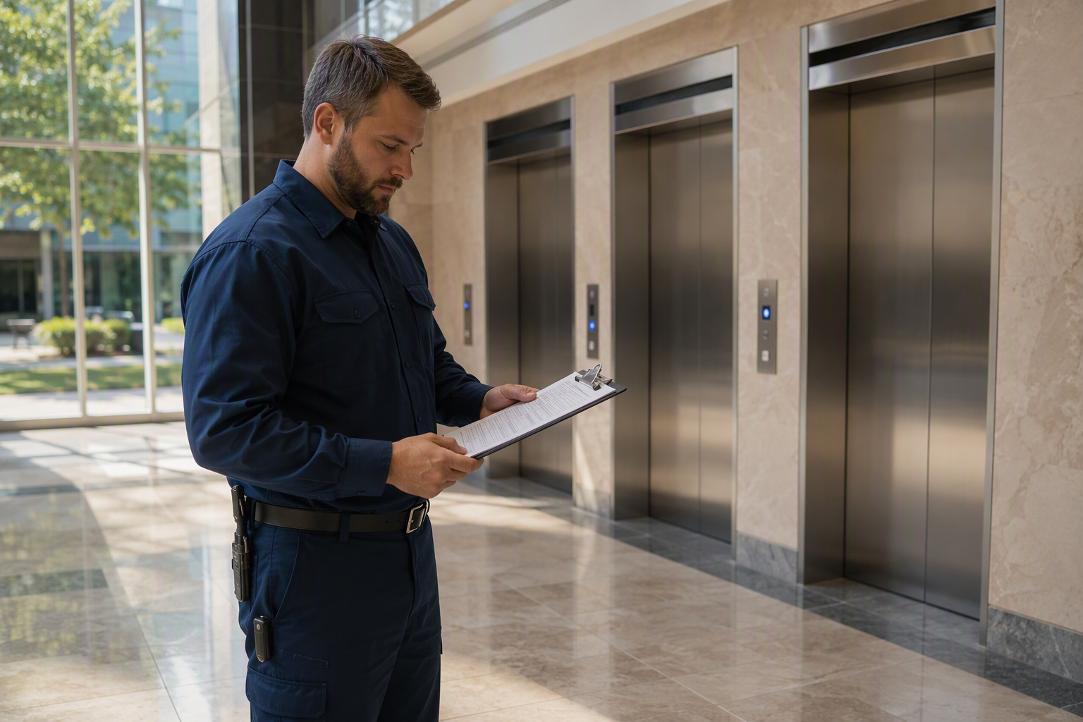 Elevator service technician reviewing inspection checklist in a Columbia SC commercial building lobby, illustrating how to evaluate an elevator service company.