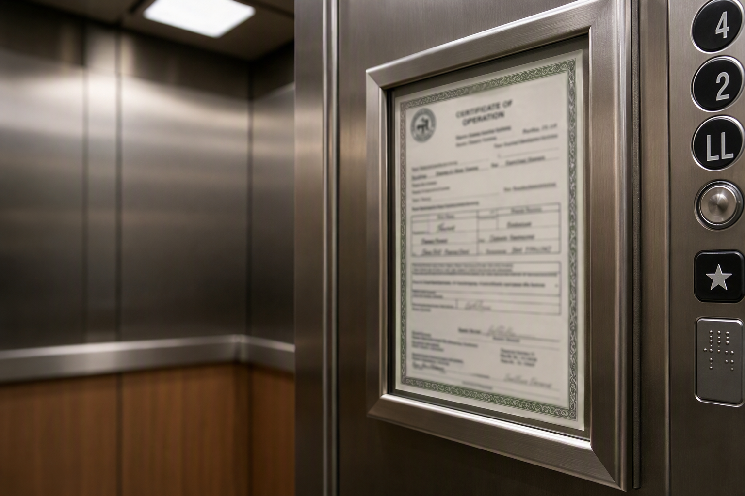 South Carolina elevator certificate of operation mounted inside a commercial elevator cab next to the control panel, representing state licensure compliance requirements.