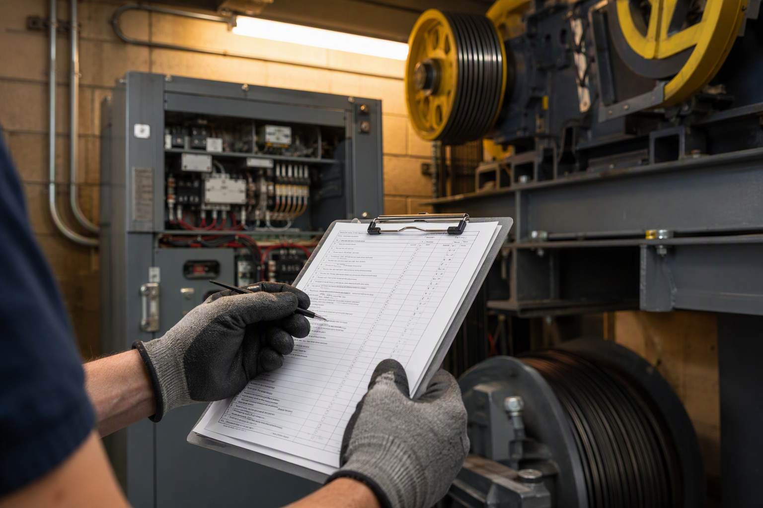 Elevator technician reviewing maintenance records on a clipboard inside a commercial machine room during a pre-takeover inspection before switching elevator service companies