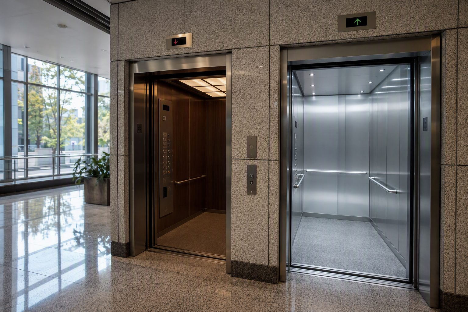Side-by-side view of two commercial elevator cabs in a Columbia SC office building lobby illustrating the visual difference between OEM and independent elevator service options.