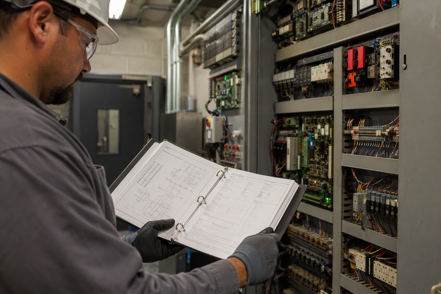 Elevator technician reviewing multi-brand maintenance documentation against a machine-room controller panel, demonstrating independent elevator service capability across OEM equipment lines.