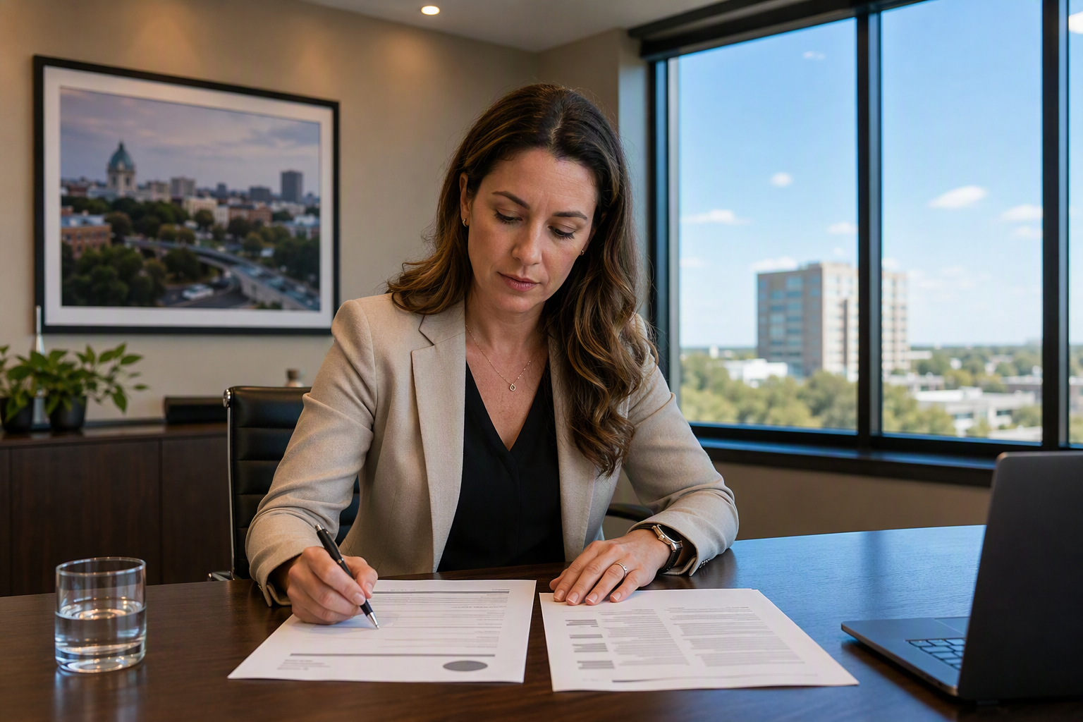 Property manager in Columbia SC comparing independent elevator service and OEM service contracts side by side at a conference table to evaluate cost, terms, and long-term value.