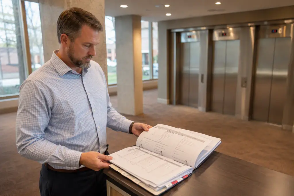Property manager reviewing an elevator maintenance contract binder in a Columbia SC commercial building lobby with stainless-steel elevator doors visible in the background