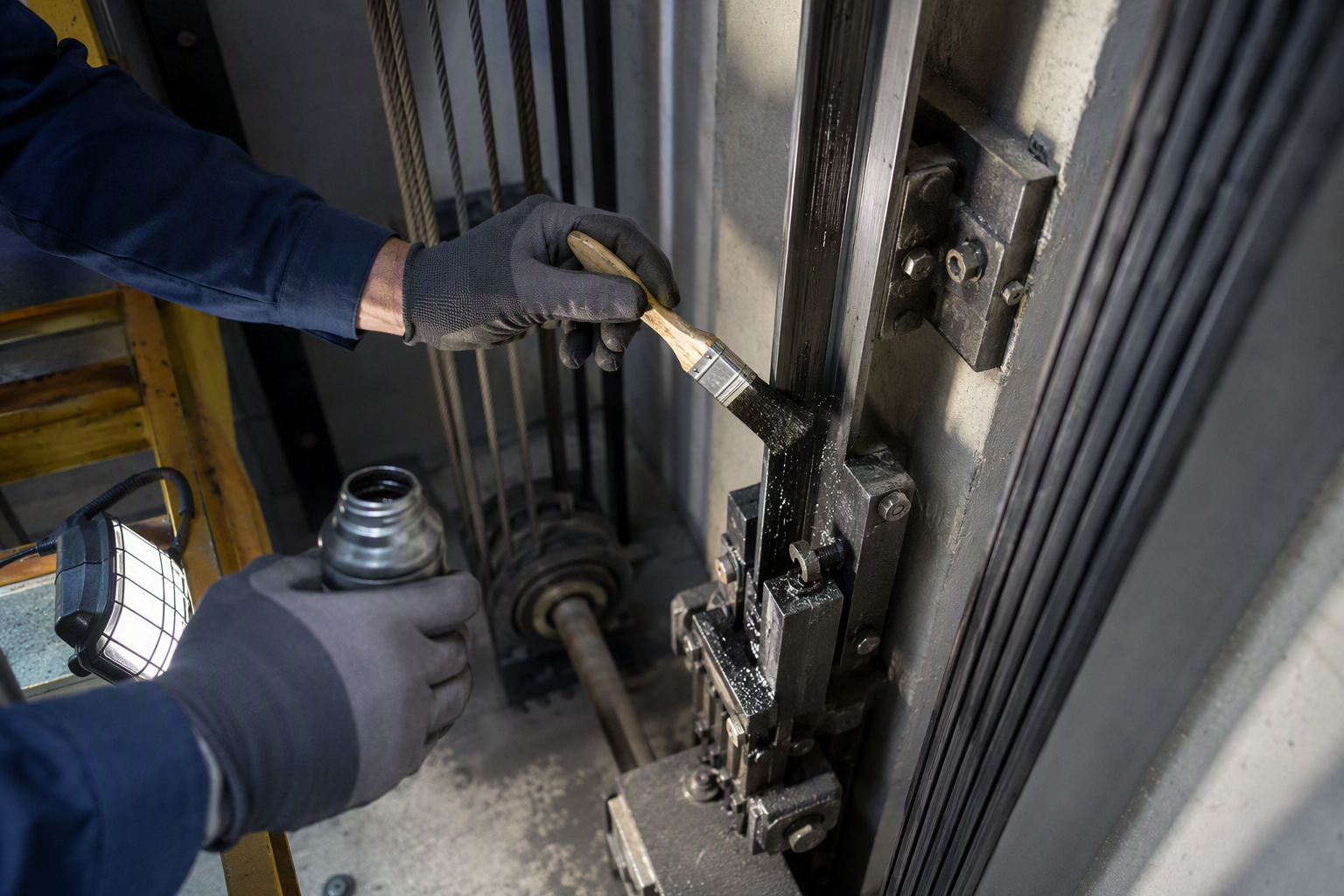 Guide Rail Lubrication During Preventive Maintenance Elevator technician lubricating steel guide rails inside a traction elevator hoistway pit as part of a scheduled preventive maintenance visit
