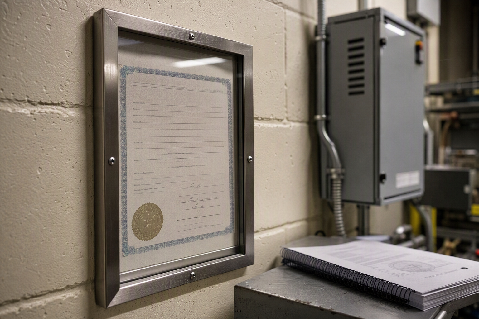 South Carolina elevator inspection certificate mounted in a machine room alongside ASME A17.1 compliance documentation, representing elevator code requirements for Columbia SC buildings.