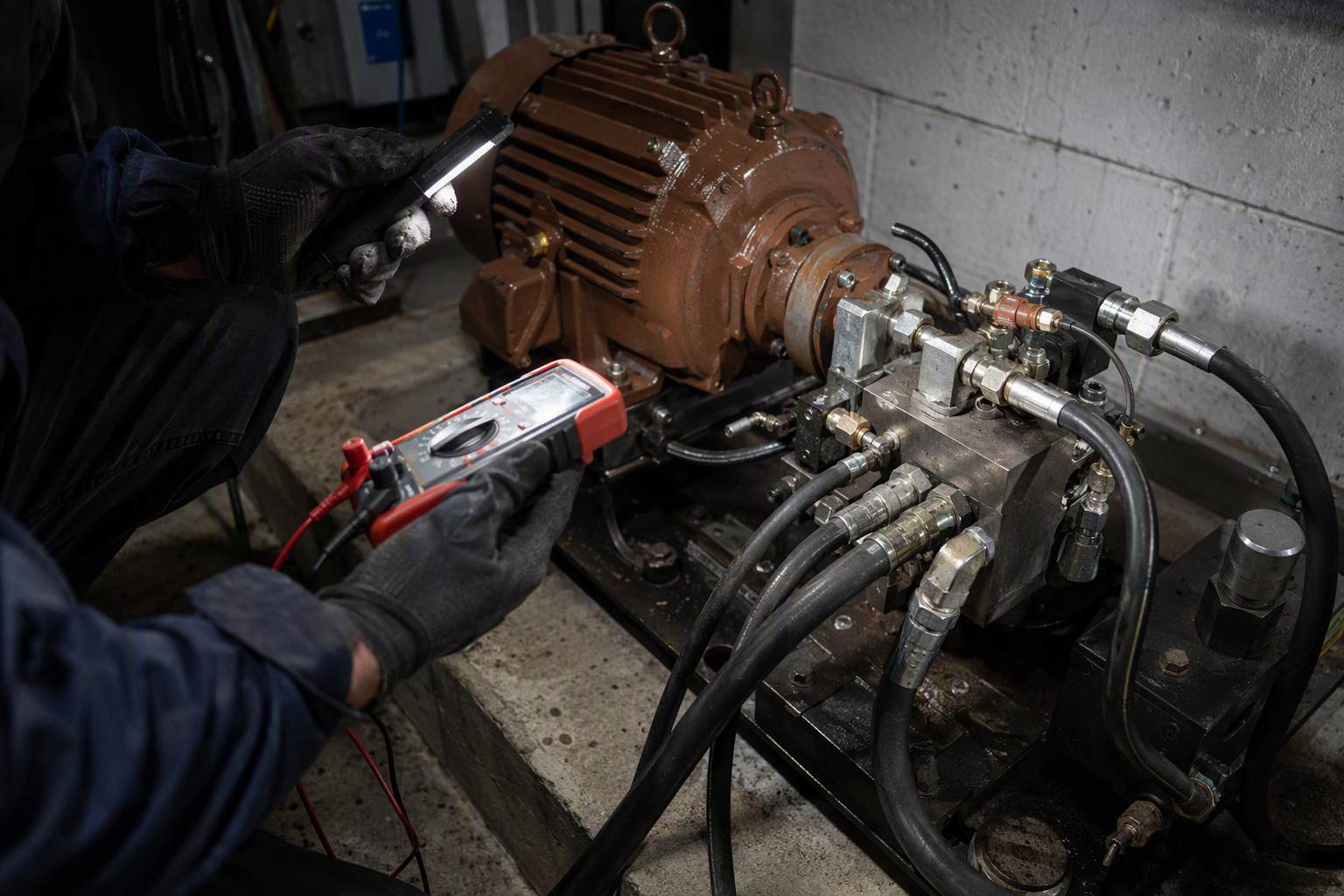 Elevator repair technician diagnosing a hydraulic pump unit with a multimeter during an elevator service call in a Columbia SC building machine room.
