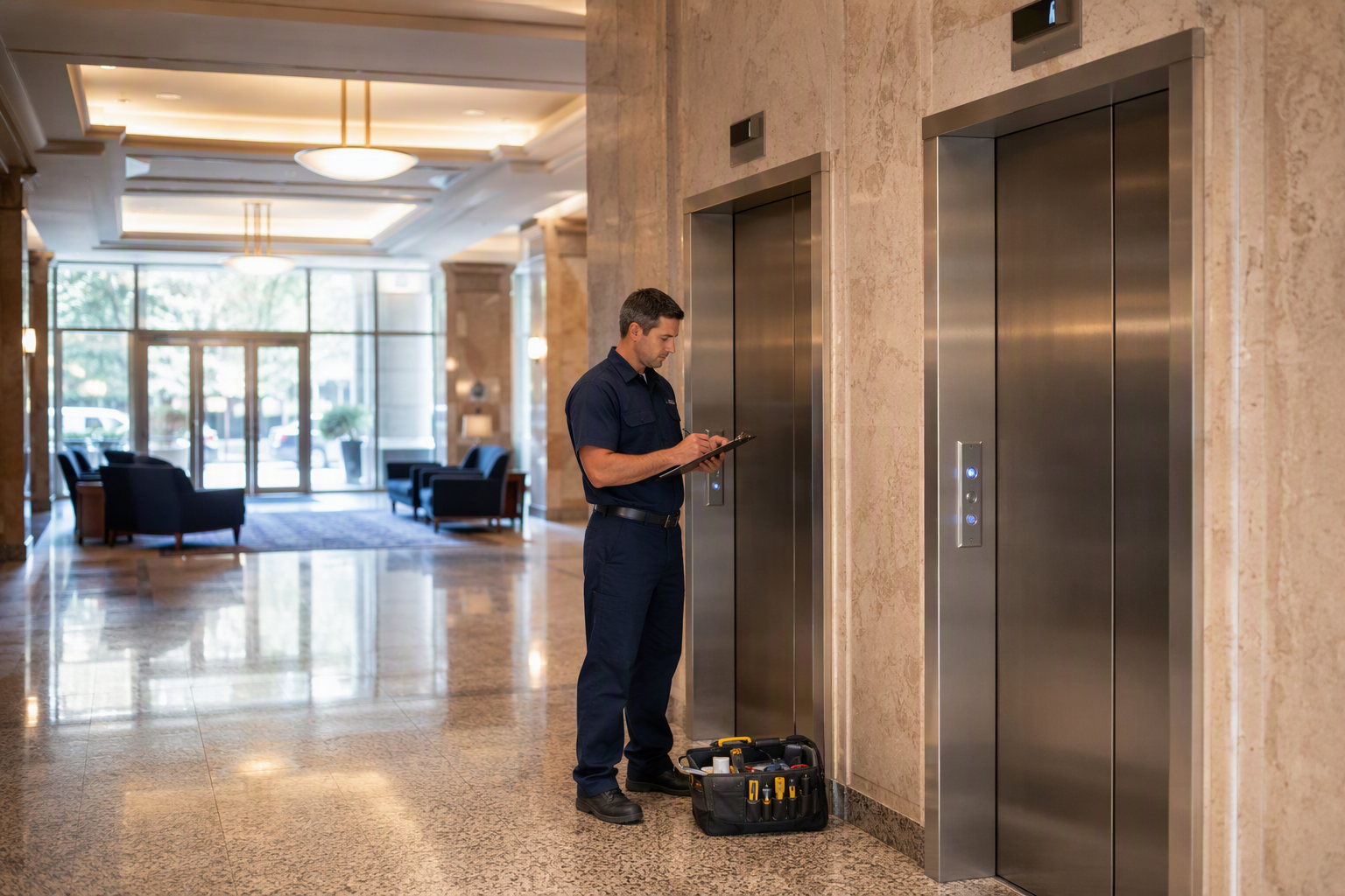 Licensed elevator repair technician inspecting commercial elevator doors in a Columbia SC office building lobby, with brushed-stainless cab doors and marble wall surrounds.