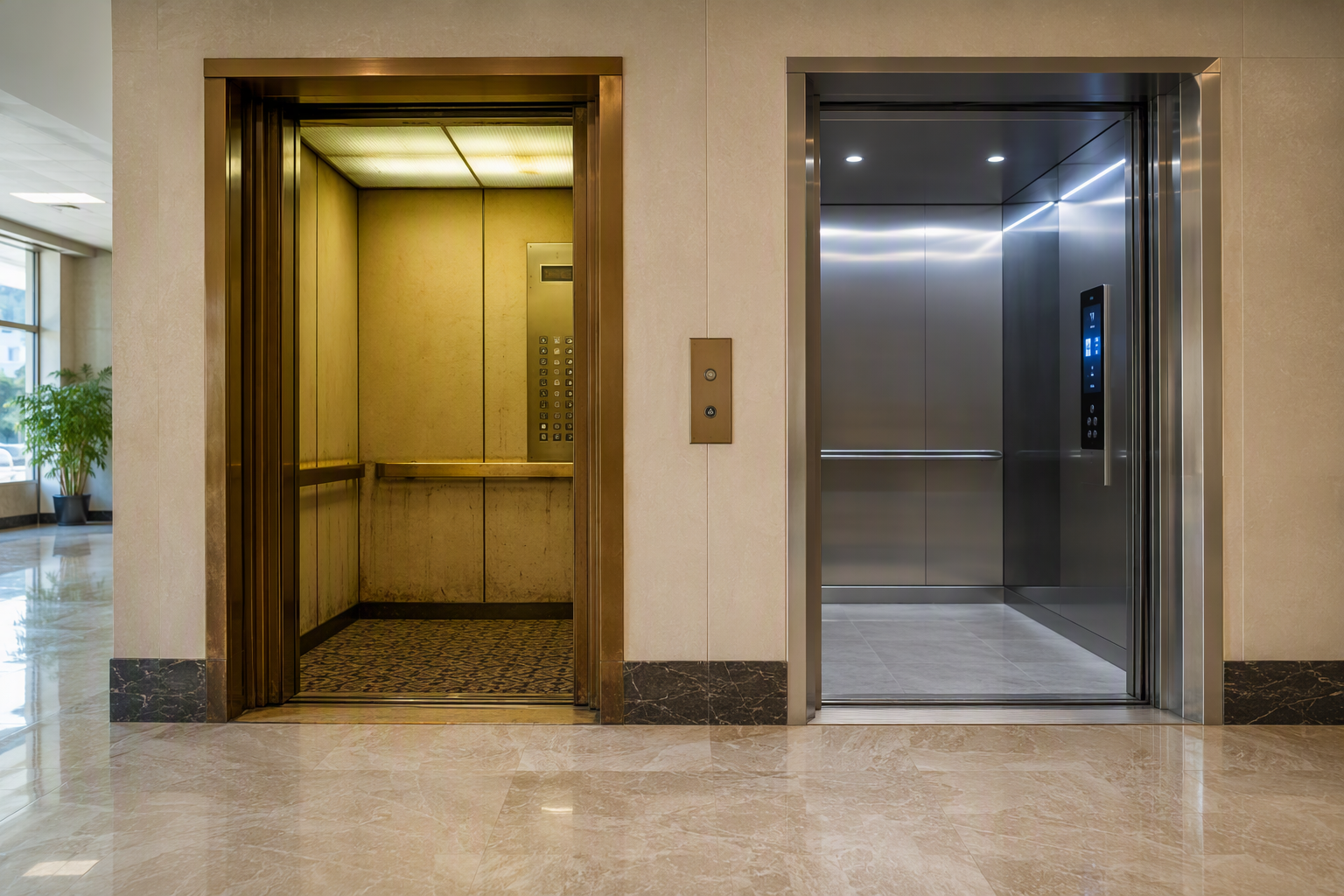 Side-by-side comparison of an outdated elevator cab and a modernized elevator cab inside a Columbia SC office building lobby, illustrating modernization vs full replacement options.