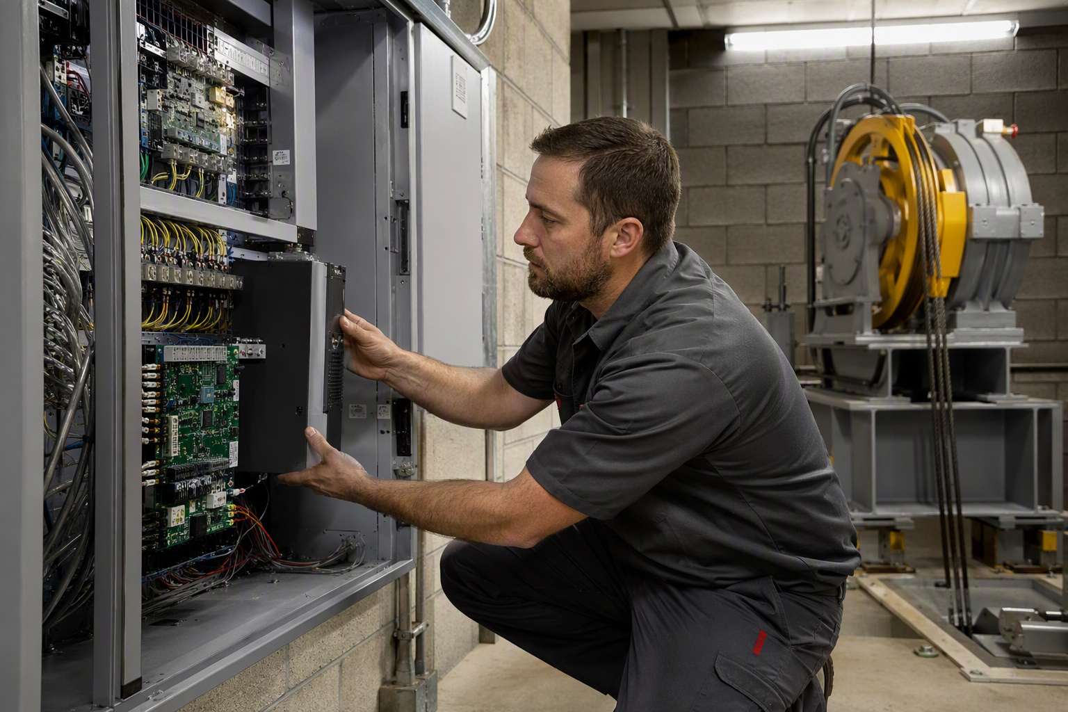Elevator technician inspecting a machine room controller during a modernization project, replacing legacy relay logic with a modern solid-state drive system in a Columbia SC building.