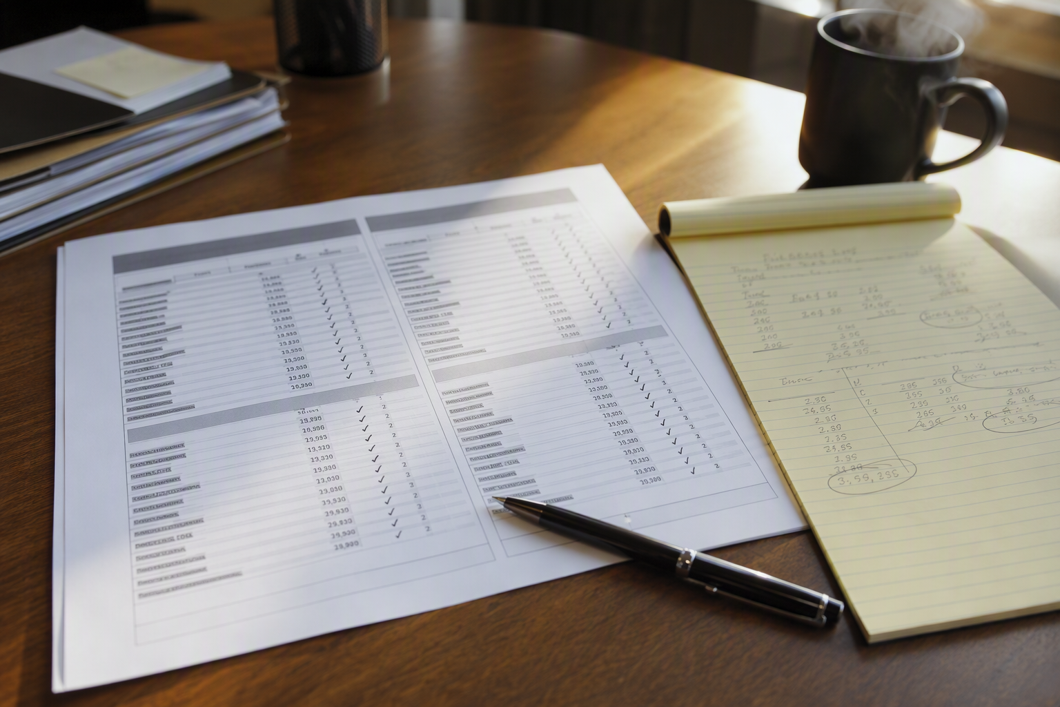 Building manager's desk with printed OEM vs independent elevator service cost comparison worksheet and handwritten notes during contract review process