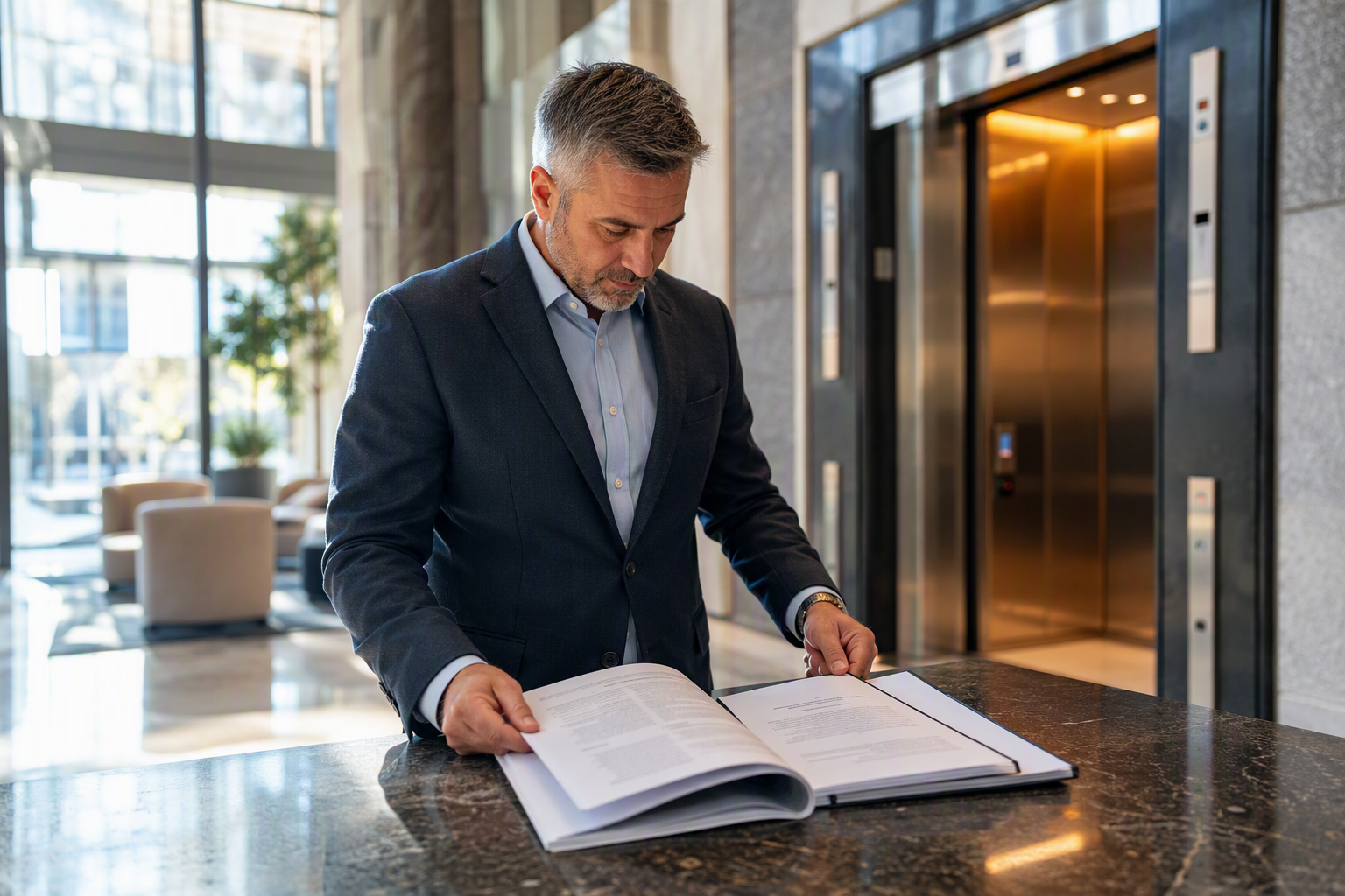 Facility manager reviewing OEM vs independent elevator service contracts in a Columbia SC office building lobby with stainless steel elevator doors in background