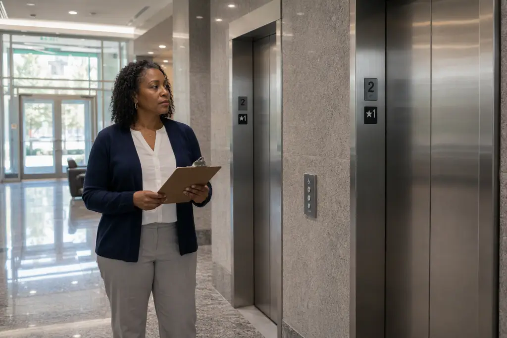 Facilities manager reviewing ADA elevator requirements in a Columbia SC commercial building lobby with Braille call buttons and stainless steel doors visible