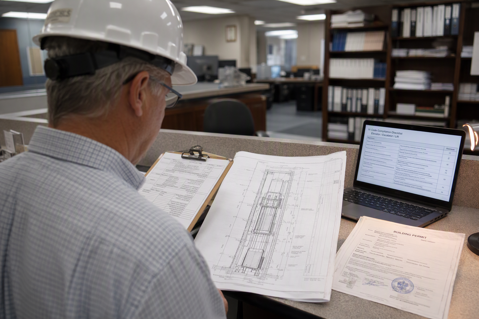 Elevator inspector reviewing ADA compliance permit documents and architectural drawings at a local building department authority having jurisdiction office