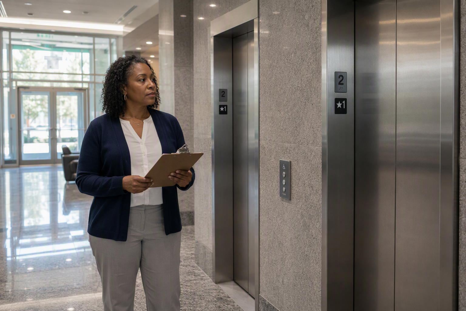 Facilities manager reviewing ADA elevator requirements in a Columbia SC commercial building lobby with Braille call buttons and stainless steel doors visible