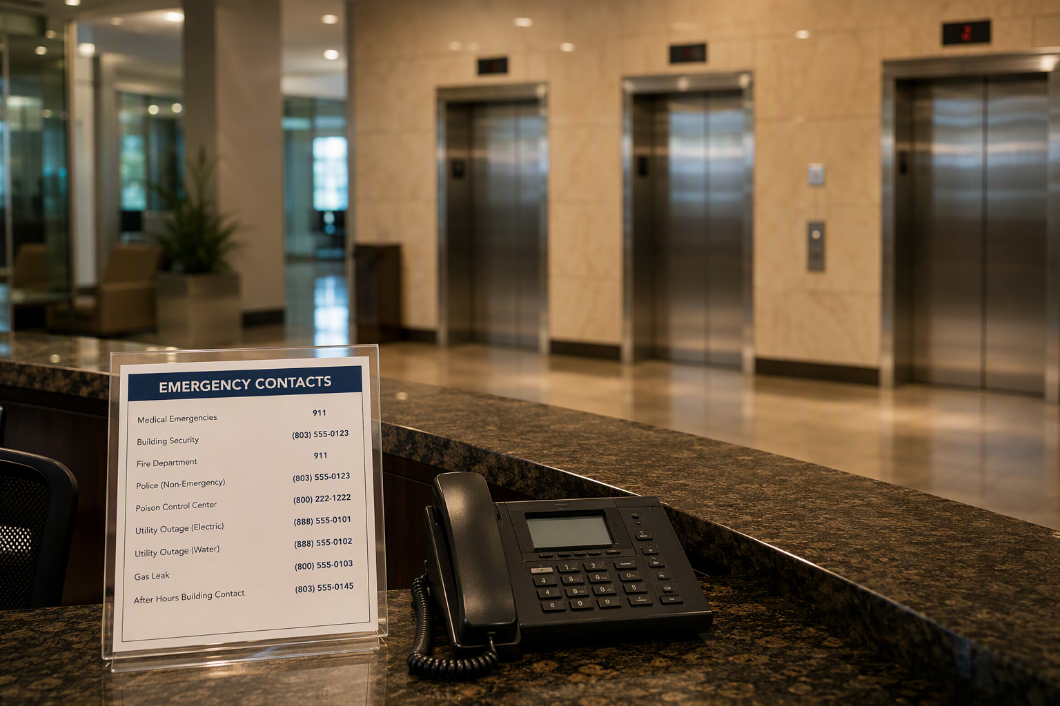 Building security desk in a Columbia SC commercial lobby with a laminated elevator emergency phone number contact card displayed next to a landline phone.
