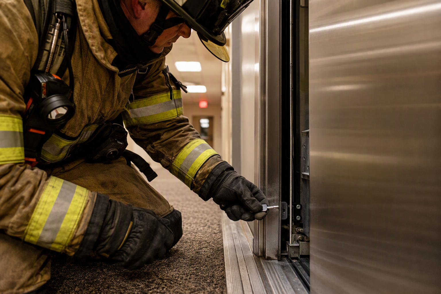 Firefighter using a drop key to open a stainless-steel elevator door during a passenger entrapment rescue in a Columbia SC commercial building hallway.