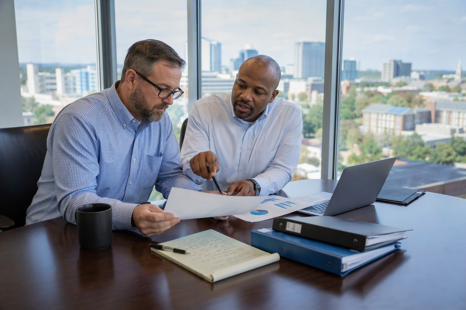Facility manager and elevator industry consultant reviewing elevator industry statistics and regulatory data reports at a Columbia SC office conference table in 2025.