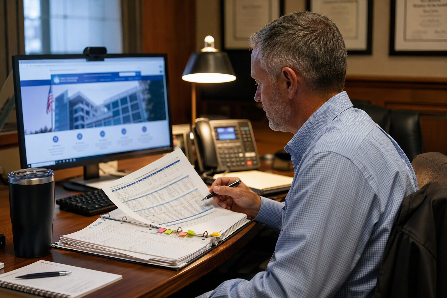 Building manager in a South Carolina office comparing elevator industry statistics from BLS, CPSC, and NEII printed reports to inform facility compliance decisions in 2025.