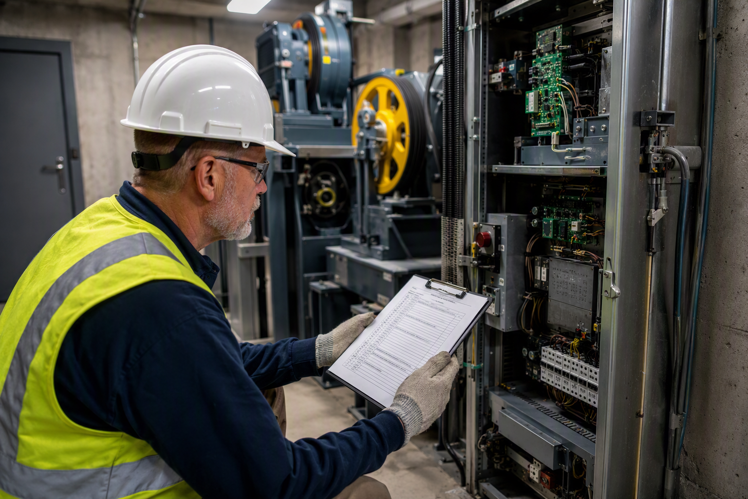 Certified elevator inspector reviewing an OSHA safety compliance checklist beside a traction machine controller in a commercial building machine room.