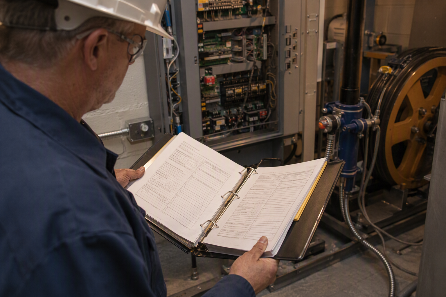 Licensed elevator inspector reviewing compliance documentation in a hospital elevator machine room with traction controller and safety governor equipment visible in South Carolina