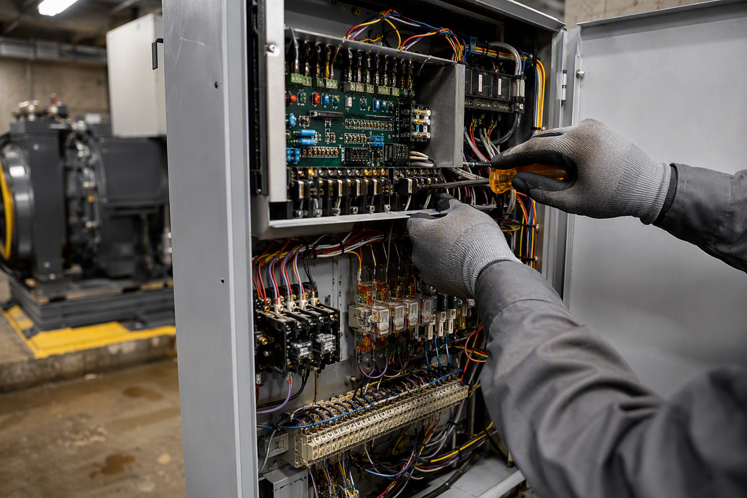 Elevator mechanic servicing a traction elevator controller cabinet in a machine room, illustrating equipment type as a key elevator maintenance cost factor