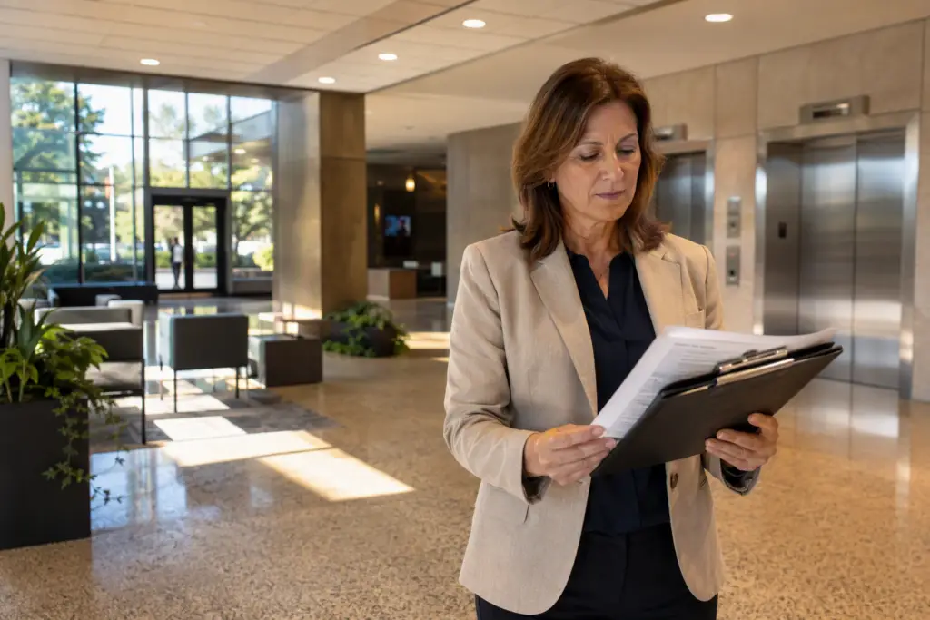 Building property manager reviewing elevator maintenance cost contract in a Columbia SC commercial office lobby with stainless steel elevator doors in background