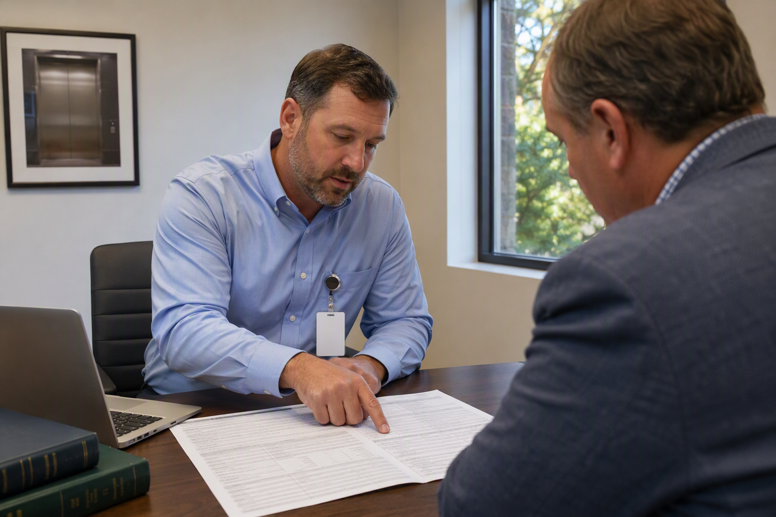 Licensed elevator contractor explaining elevator maintenance contract costs to a facilities director at a desk in a Columbia SC elevator service company office