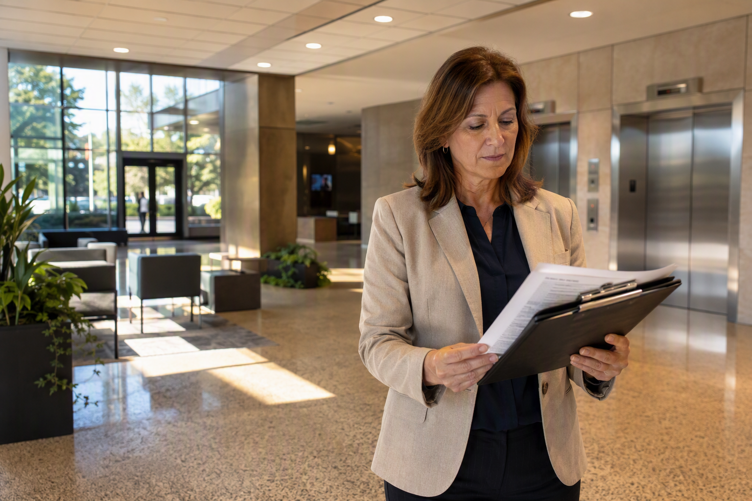 Building property manager reviewing elevator maintenance cost contract in a Columbia SC commercial office lobby with stainless steel elevator doors in background