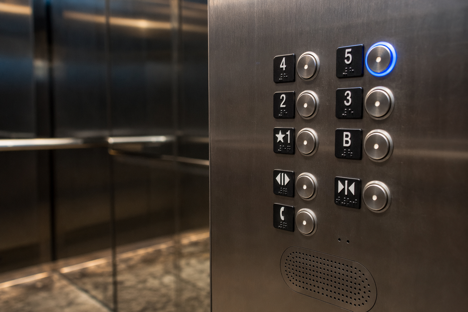 ADA elevator control panel inside a commercial office building cab showing Braille buttons, raised characters, and emergency two-way communication device at compliant reach heights