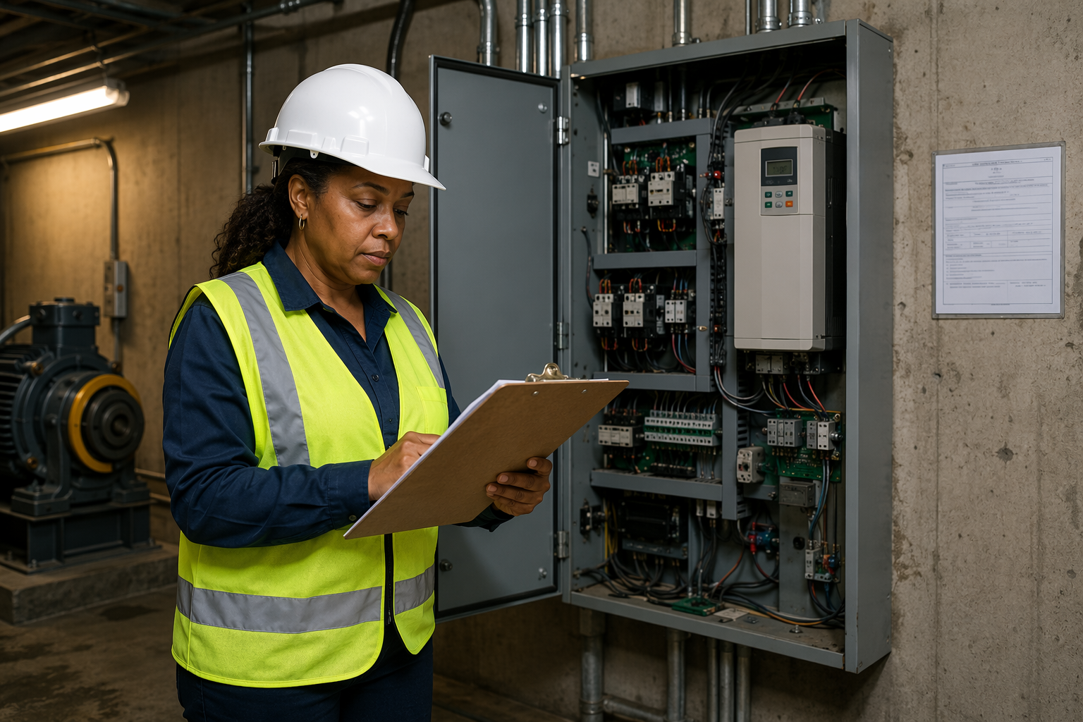 Elevator compliance inspector reviewing SC LLR inspection documentation in a Columbia SC commercial building machine room alongside a traction elevator controller